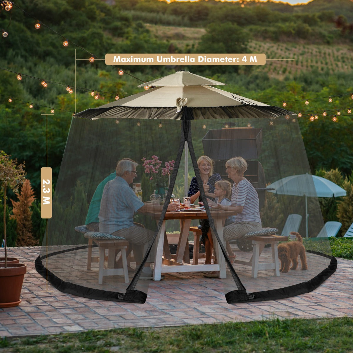 LIVSK Parasol Klamboe met 2 Deuren en Dubbele Rits - Verstelbaar voor 2,5-3 m Parasol - Duurzaam Polyester Gaas - Zwart