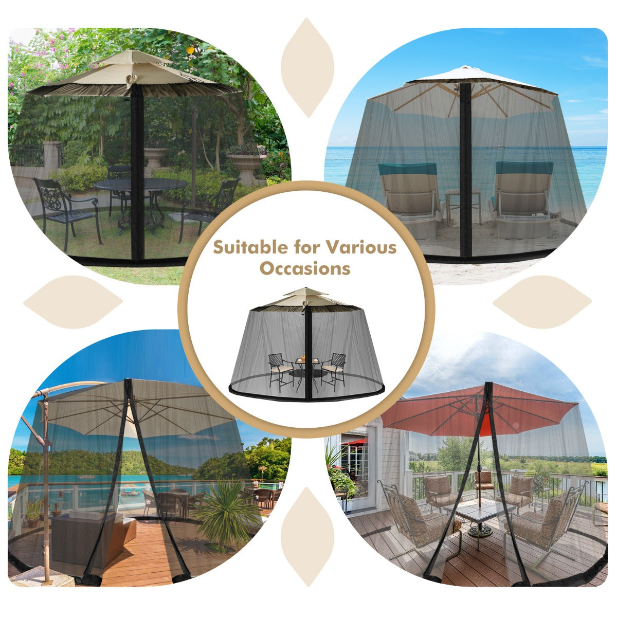 LIVSK Parasol Klamboe met 2 Deuren en Dubbele Rits - Verstelbaar voor 2,5-3 m Parasol - Duurzaam Polyester Gaas - Zwart