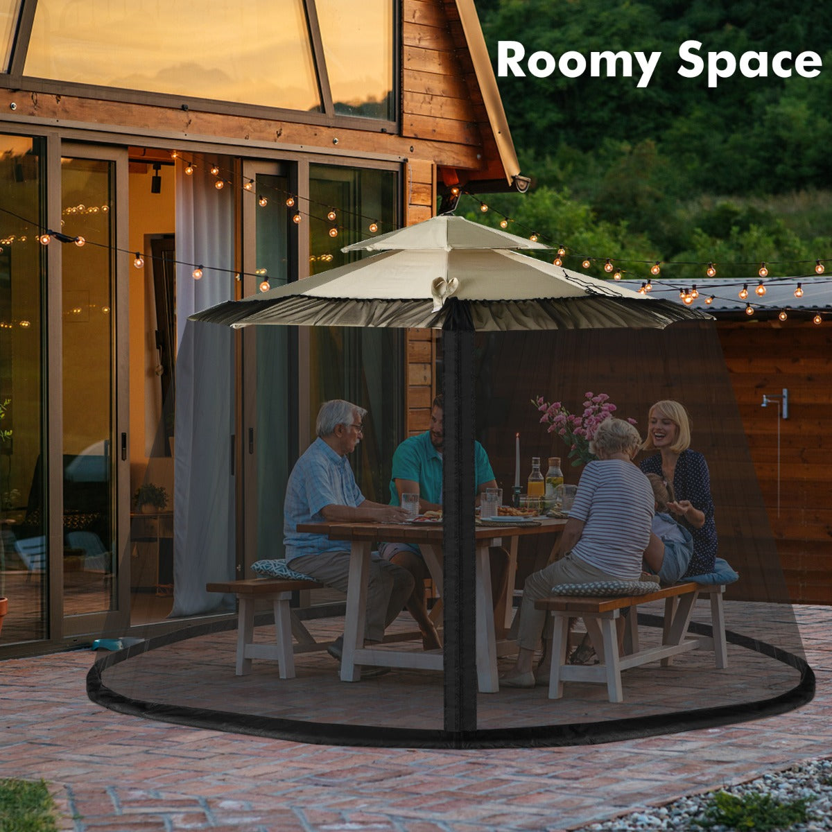 LIVSK Parasol Klamboe met 2 Deuren en Dubbele Rits - Verstelbaar voor 2,5-3 m Parasol - Duurzaam Polyester Gaas - Zwart