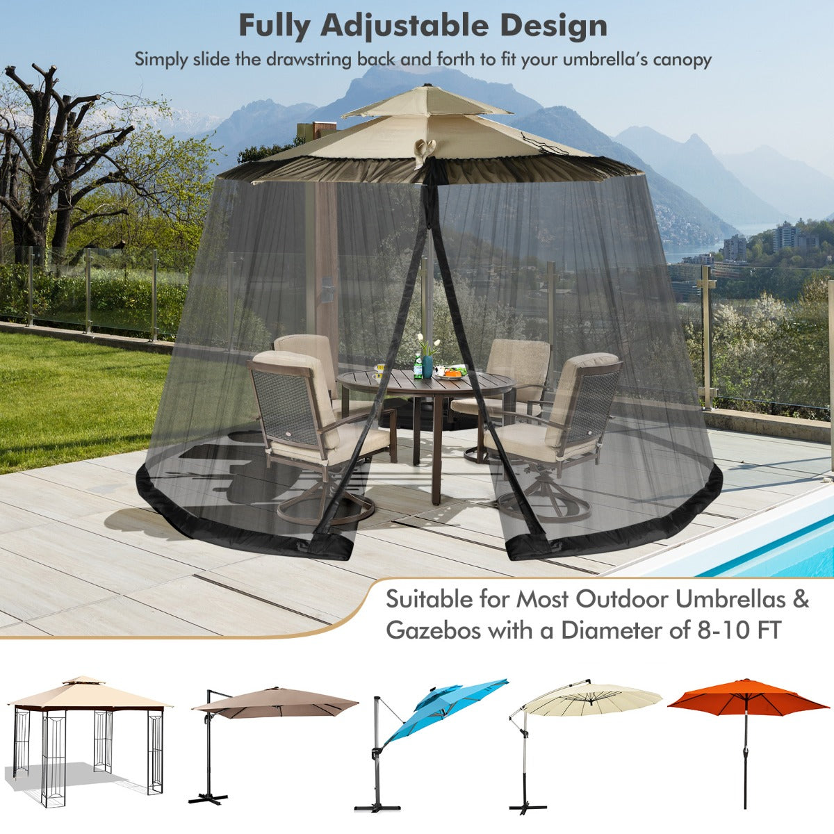 LIVSK Parasol Klamboe met 2 Deuren en Dubbele Rits - Verstelbaar voor 2,5-3 m Parasol - Duurzaam Polyester Gaas - Zwart