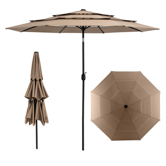 LIVSK Drie Verdiepingen Parasol Ø 300 cm - Dubbele Ventilatie - Kantelbaar - Stevig Frame - Voor Zon en Lichte Regen - Bruin