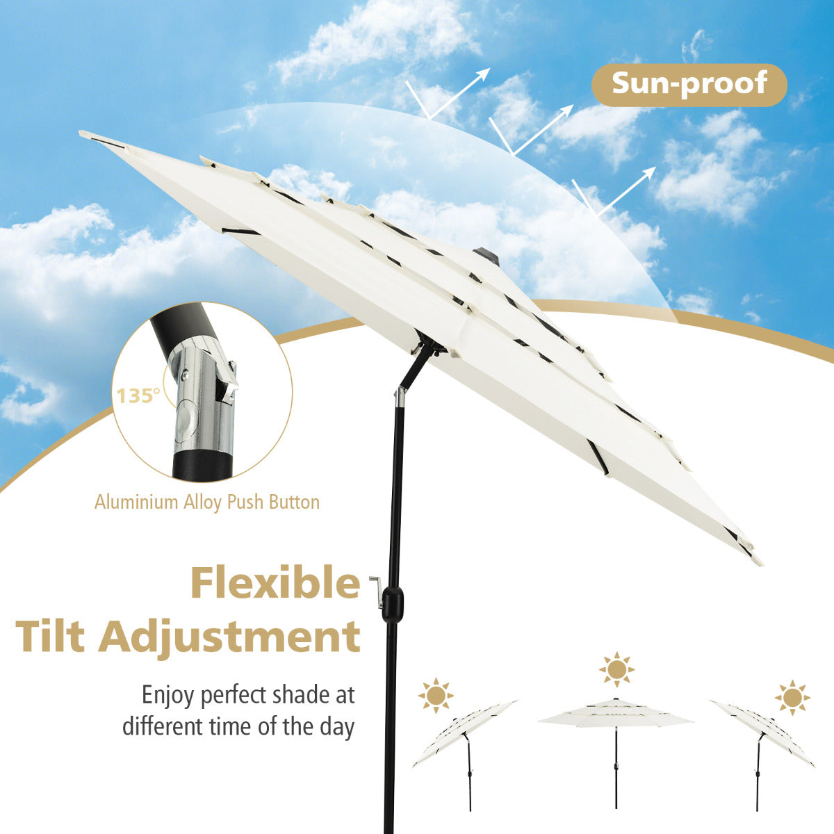 LIVSK 3-traps Parasol - Knikbaar met Drukknop - UV-Bescherming - Duurzaam Polyester - Eenvoudige Montage - Beige