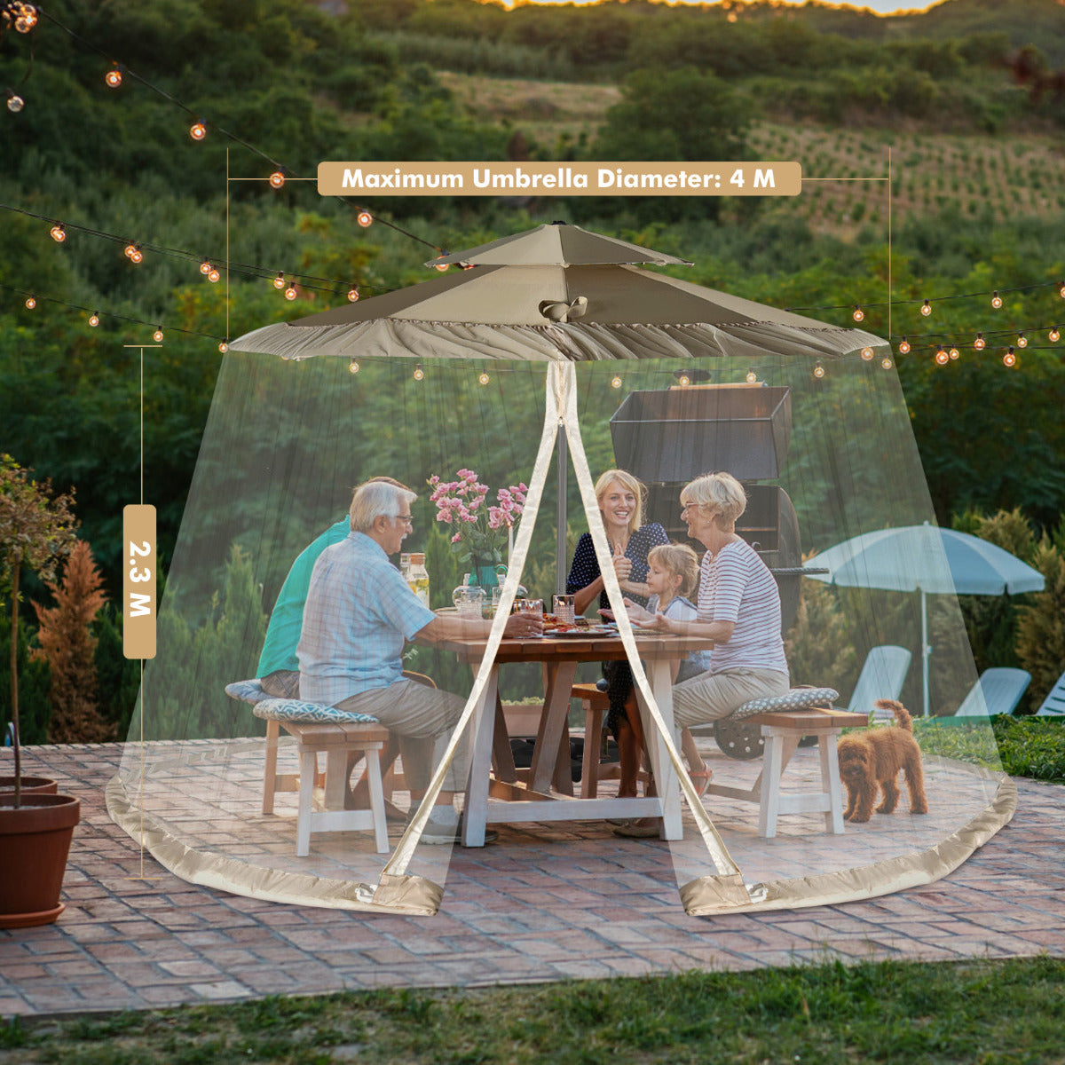 LIVSK Parasol Muggennet - Duurzaam Polyester Gaas - Verstelbaar voor 2,5-3 m Parasol - Dubbele Ritsdeuren - Beige