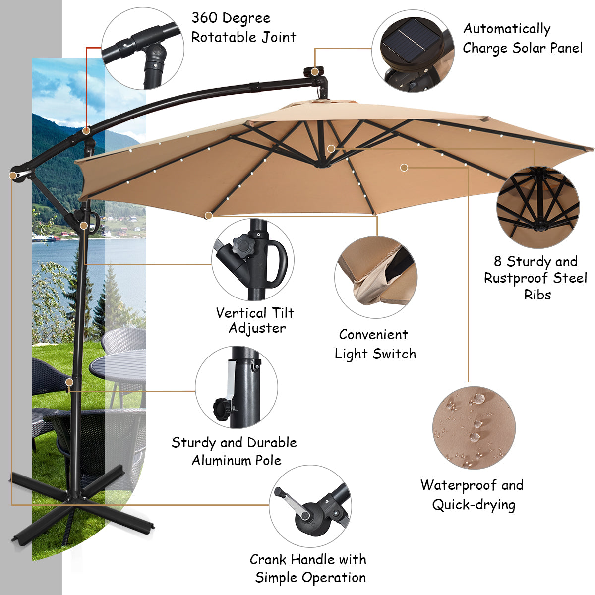 LIVSK Offset Parasol 300 cm - Draaibaar - 24 LED-lampjes - Hoogwaardig Aluminium - Eenvoudig te Kantelen - Beige