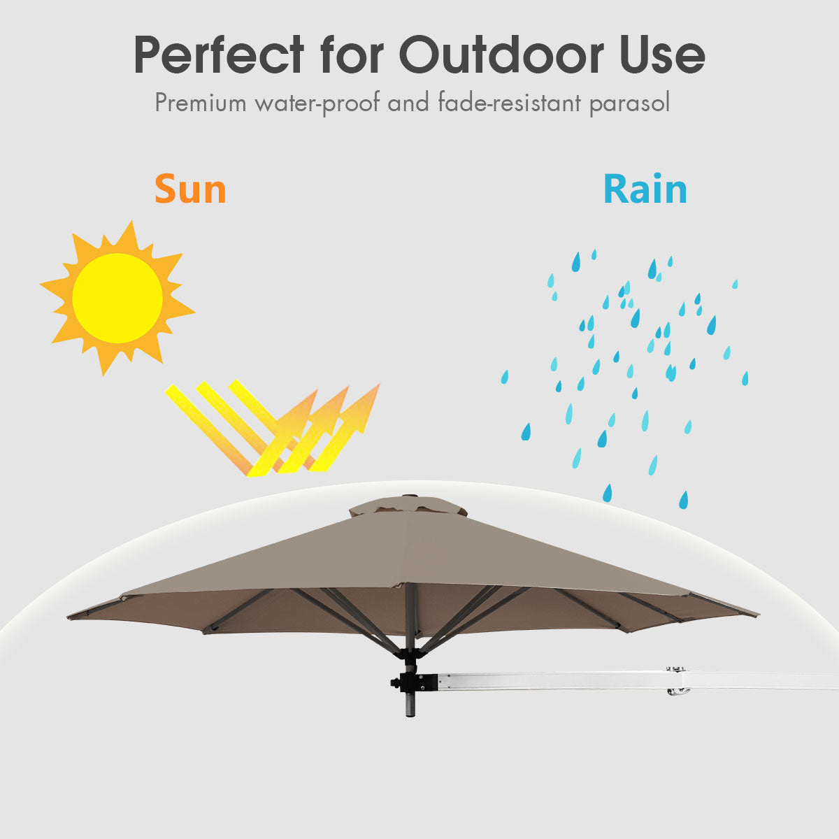 LIVSK Wandparasol - Aluminium Frame - Verstelbare Kop en Stokpositie - Groot Schaduwoppervlak - Waterdicht - Bruin