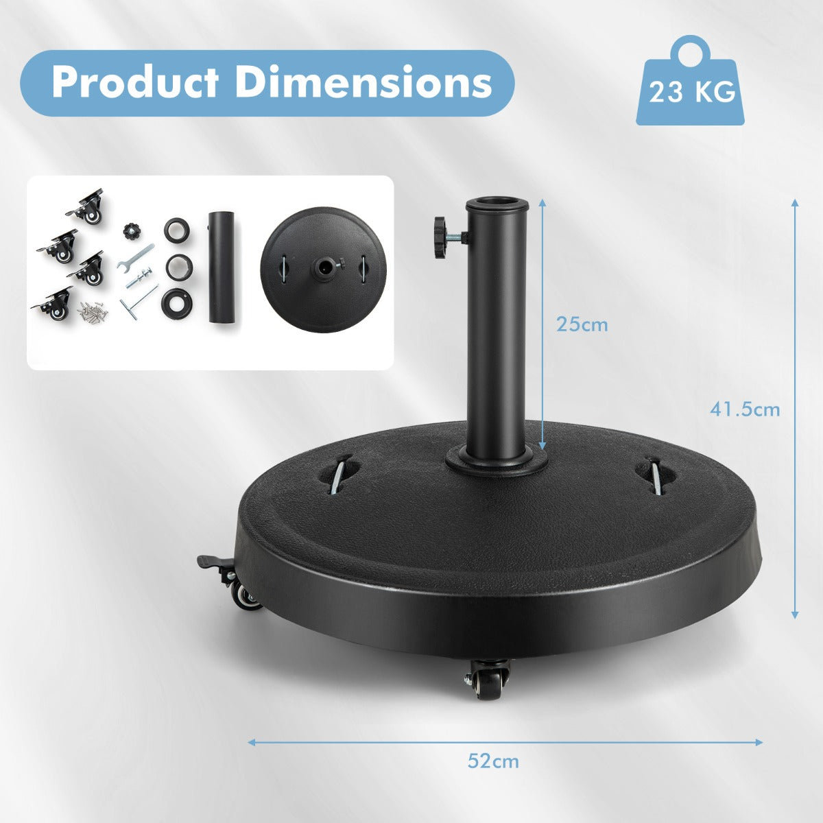 LIVSK Ronde Parasolvoet - 23 kg - Met Wielen en Handgrepen - Inclusief Adapters 38/48 mm - Voor Parasol 300 cm - Zwart