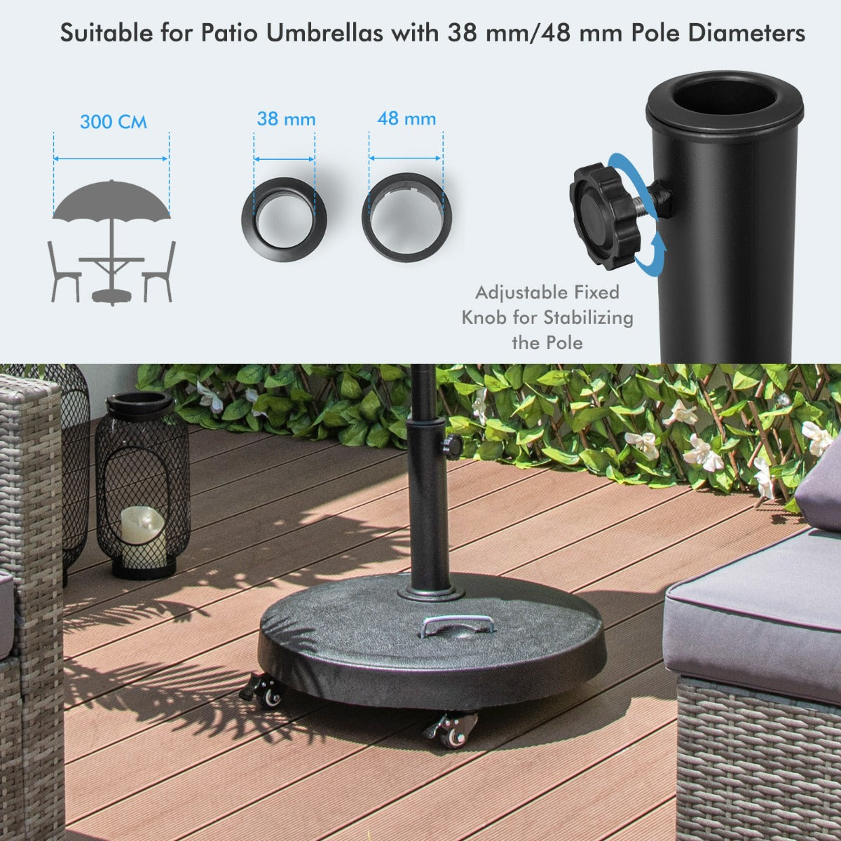 LIVSK Ronde Parasolvoet - 23 kg - Met Wielen en Handgrepen - Inclusief Adapters 38/48 mm - Voor Parasol 300 cm - Zwart