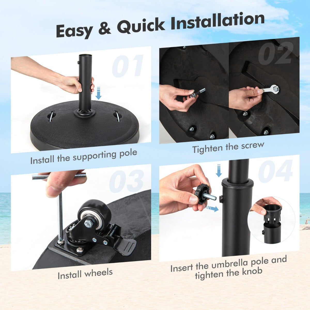 LIVSK Ronde Parasolvoet - 23 kg - Met Wielen en Handgrepen - Inclusief Adapters 38/48 mm - Voor Parasol 300 cm - Zwart