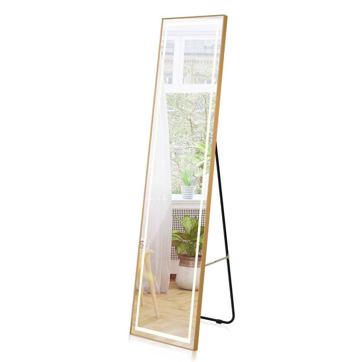 LIVSK LED-verlichte passpiegel - Verstelbare kleur en helderheid - Staand of wandbevestiging - HD onbreekbaar glas - Goud