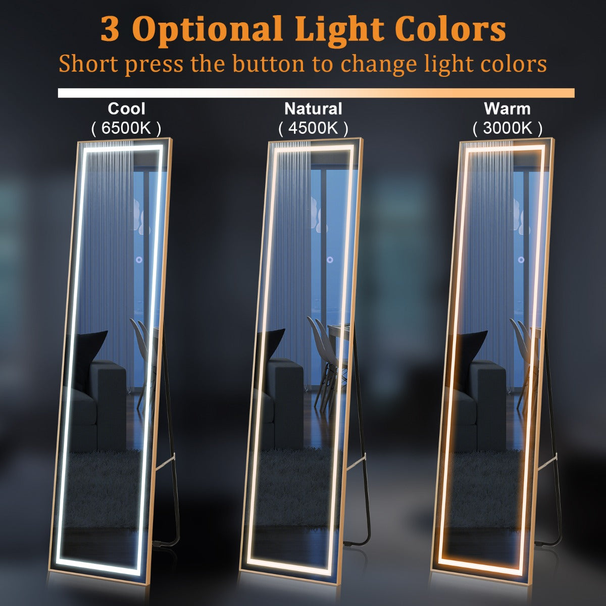 LIVSK LED-verlichte passpiegel - Verstelbare kleur en helderheid - Staand of wandbevestiging - HD onbreekbaar glas - Goud