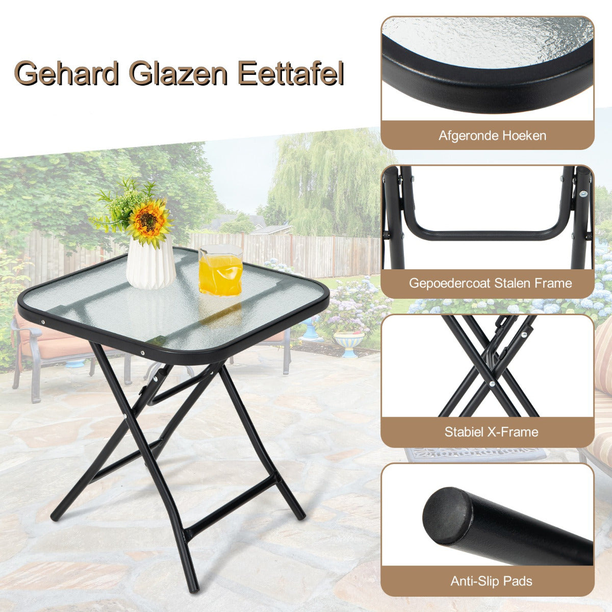 LIVSK Opvouwbare Salontafel - Gehard Glas Tafelblad - Stevig X-vormig Frame - Antislip - Tot 50 kg - 46,5 x 46,5 x 42 cm - Zwart