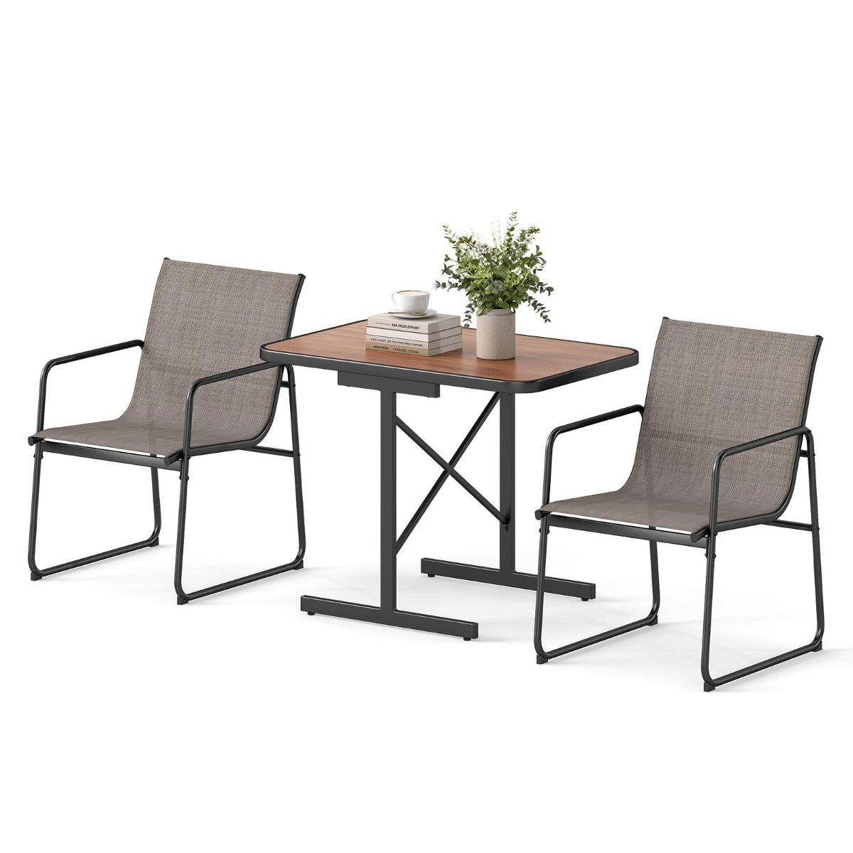 LIVSK 3-delige Patio Bistroset - 2 Fauteuils met Stoffen Zittingen - Ruimtebesparend - Robuuste Eettafel - Zwart + Bruin