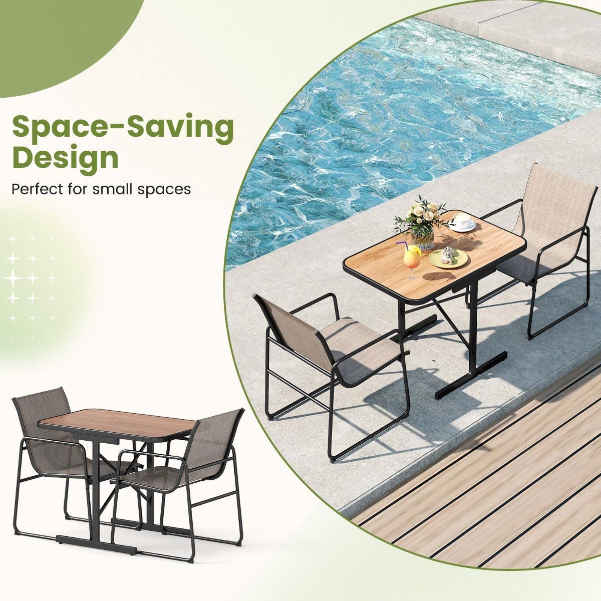 LIVSK 3-delige Patio Bistroset - 2 Fauteuils met Stoffen Zittingen - Ruimtebesparend - Robuuste Eettafel - Zwart + Bruin