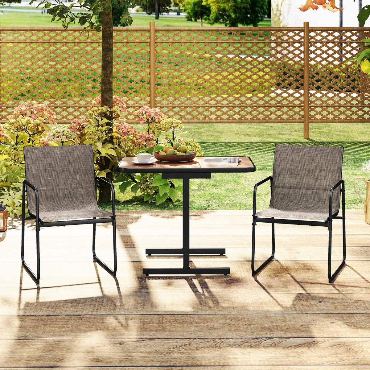 LIVSK 3-delige Patio Bistroset - 2 Fauteuils met Stoffen Zittingen - Ruimtebesparend - Robuuste Eettafel - Zwart + Bruin