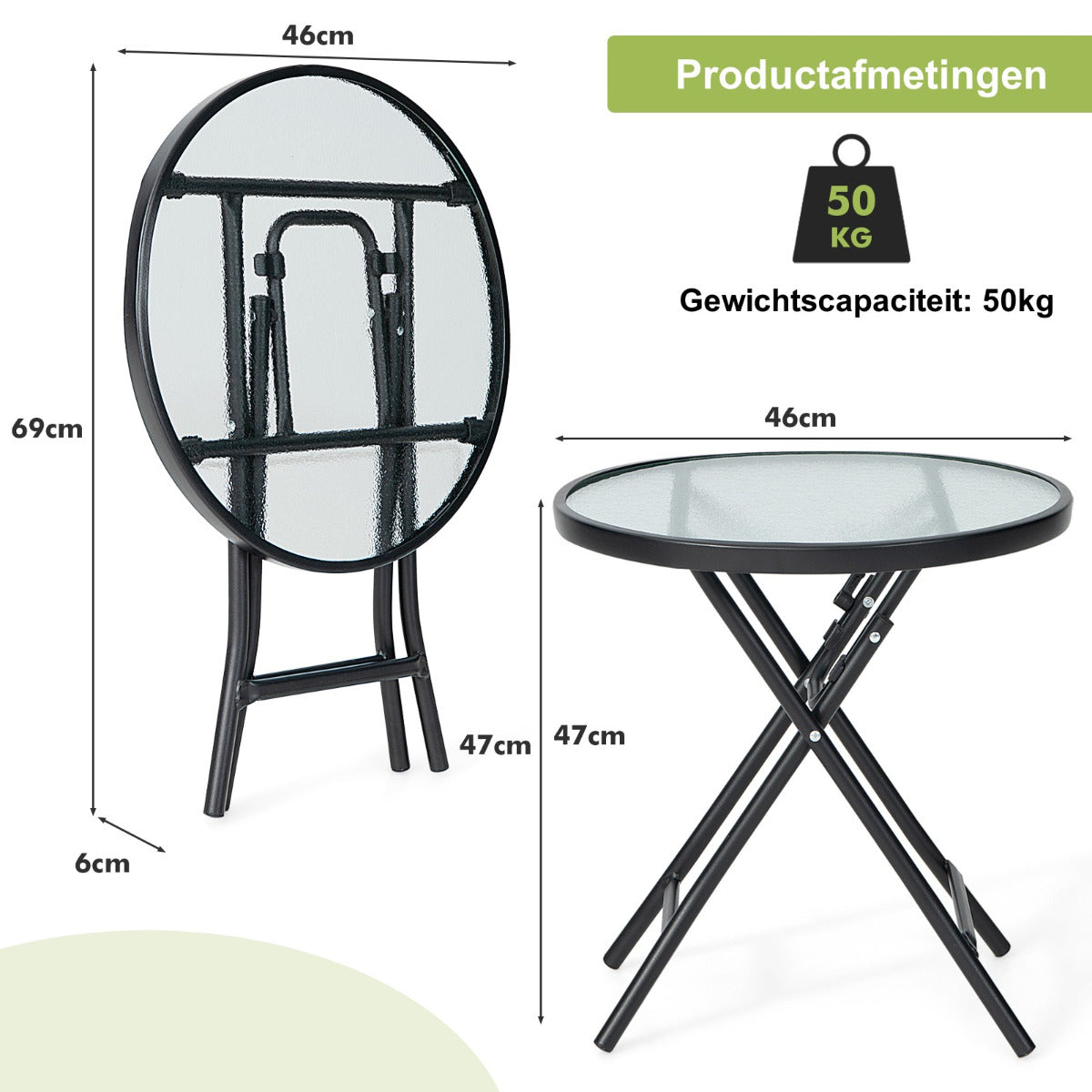 LIVSK Opvouwbare Terrastafel - Gehard Glazen Tafelblad - Stalen Frame - Inklapbaar - Tot 50 kg - 46 x 47,5 cm - Zwart