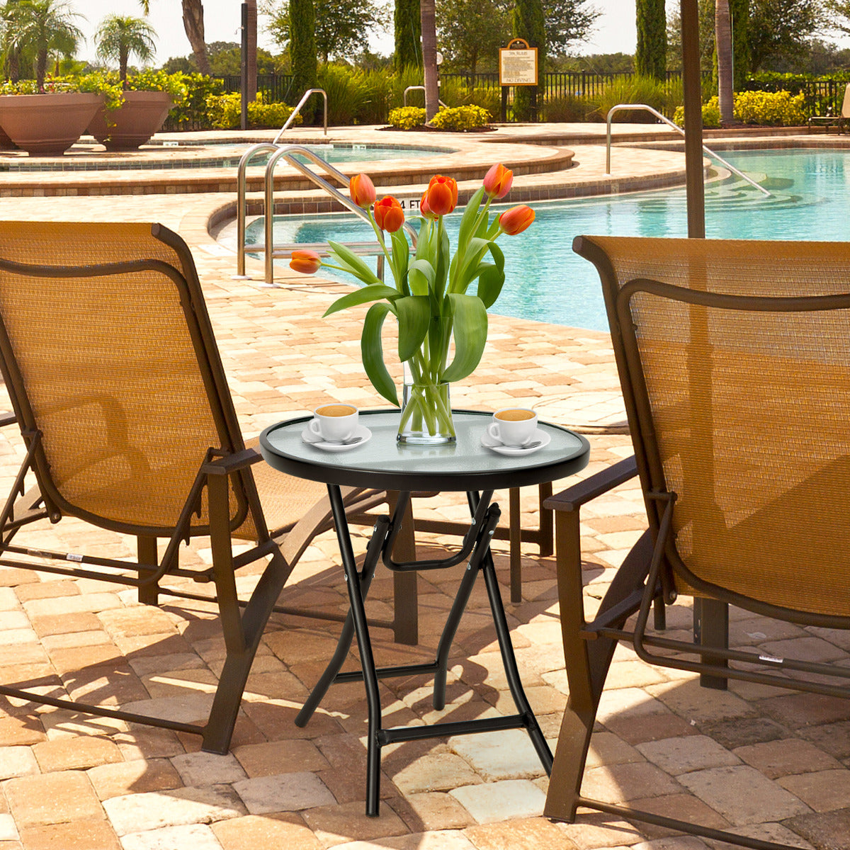 LIVSK Opvouwbare Terrastafel - Gehard Glazen Tafelblad - Stalen Frame - Inklapbaar - Tot 50 kg - 46 x 47,5 cm - Zwart