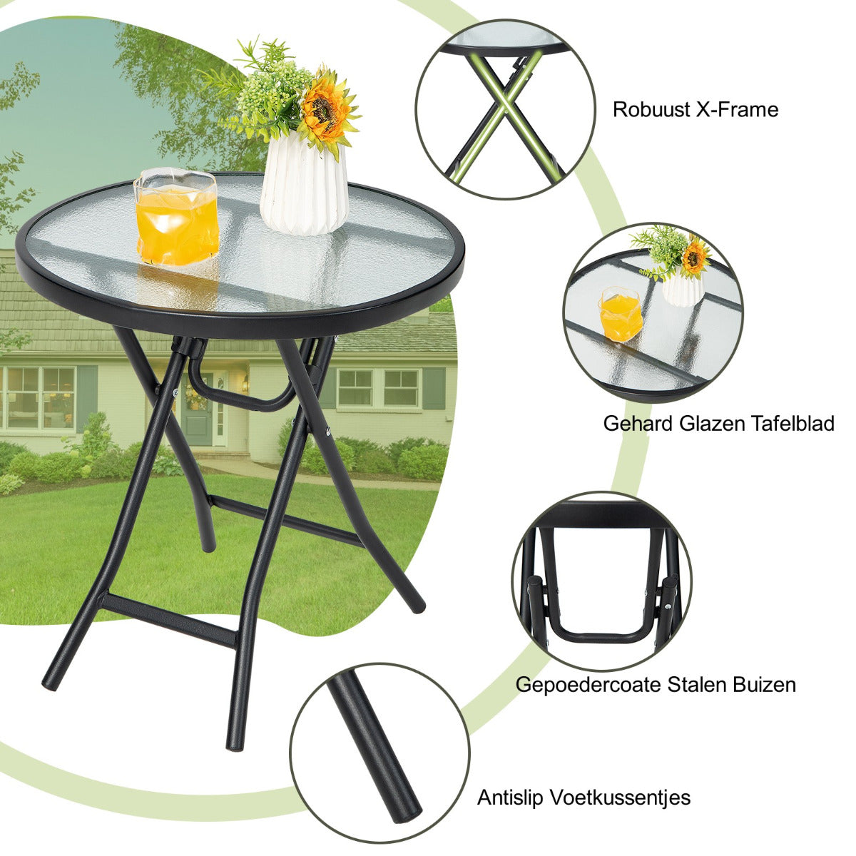 LIVSK Opvouwbare Terrastafel - Gehard Glazen Tafelblad - Stalen Frame - Inklapbaar - Tot 50 kg - 46 x 47,5 cm - Zwart