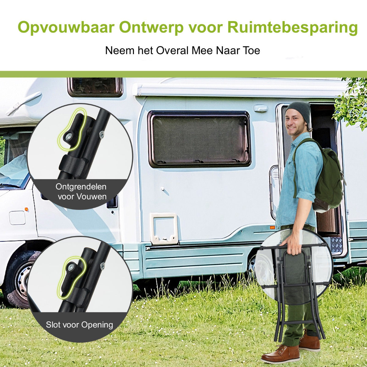 LIVSK Opvouwbare Terrastafel - Gehard Glazen Tafelblad - Stalen Frame - Inklapbaar - Tot 50 kg - 46 x 47,5 cm - Zwart