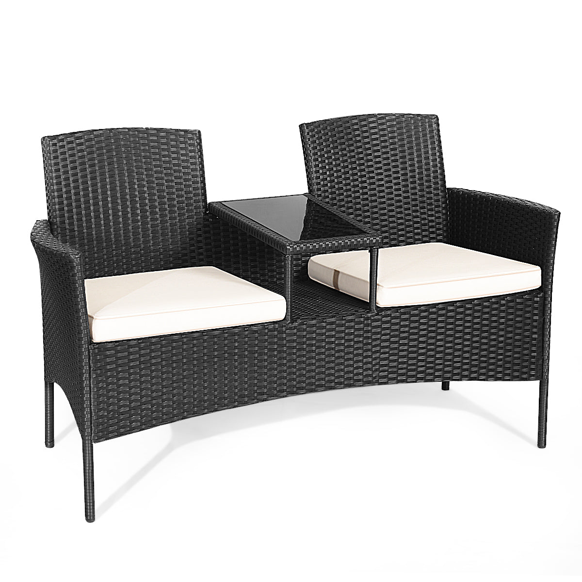LIVSK Moderne Terrasbank - PE Rotan en Metaal - Ingebouwde Tafel van Geharde Glas - Ergonomische Kussens - Wit