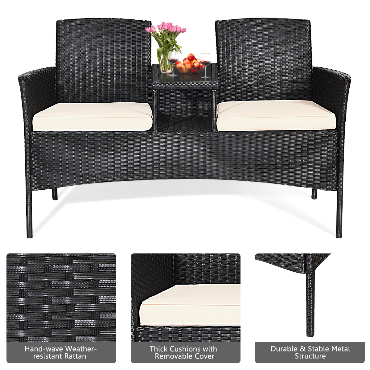 LIVSK Moderne Terrasbank - PE Rotan en Metaal - Ingebouwde Tafel van Geharde Glas - Ergonomische Kussens - Wit