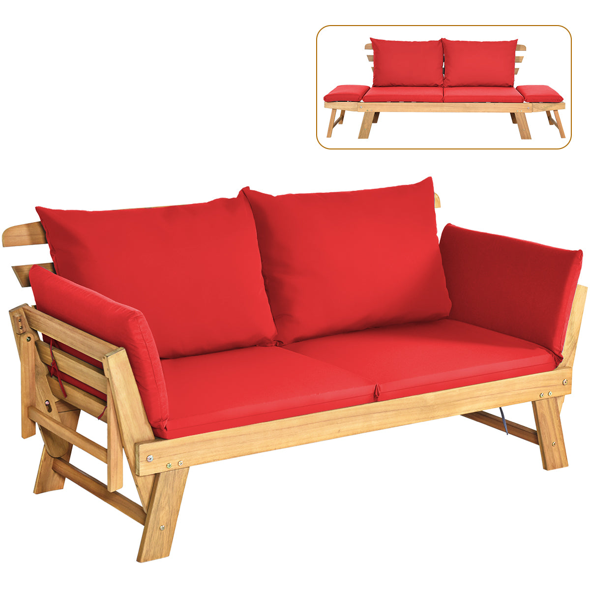 LIVSK Tuinligstoel - Verstelbare Armleuningen - Acaciahout met Zachte Kussens - Ideaal voor Buiten - 198 x 75 x 75 cm - Rood