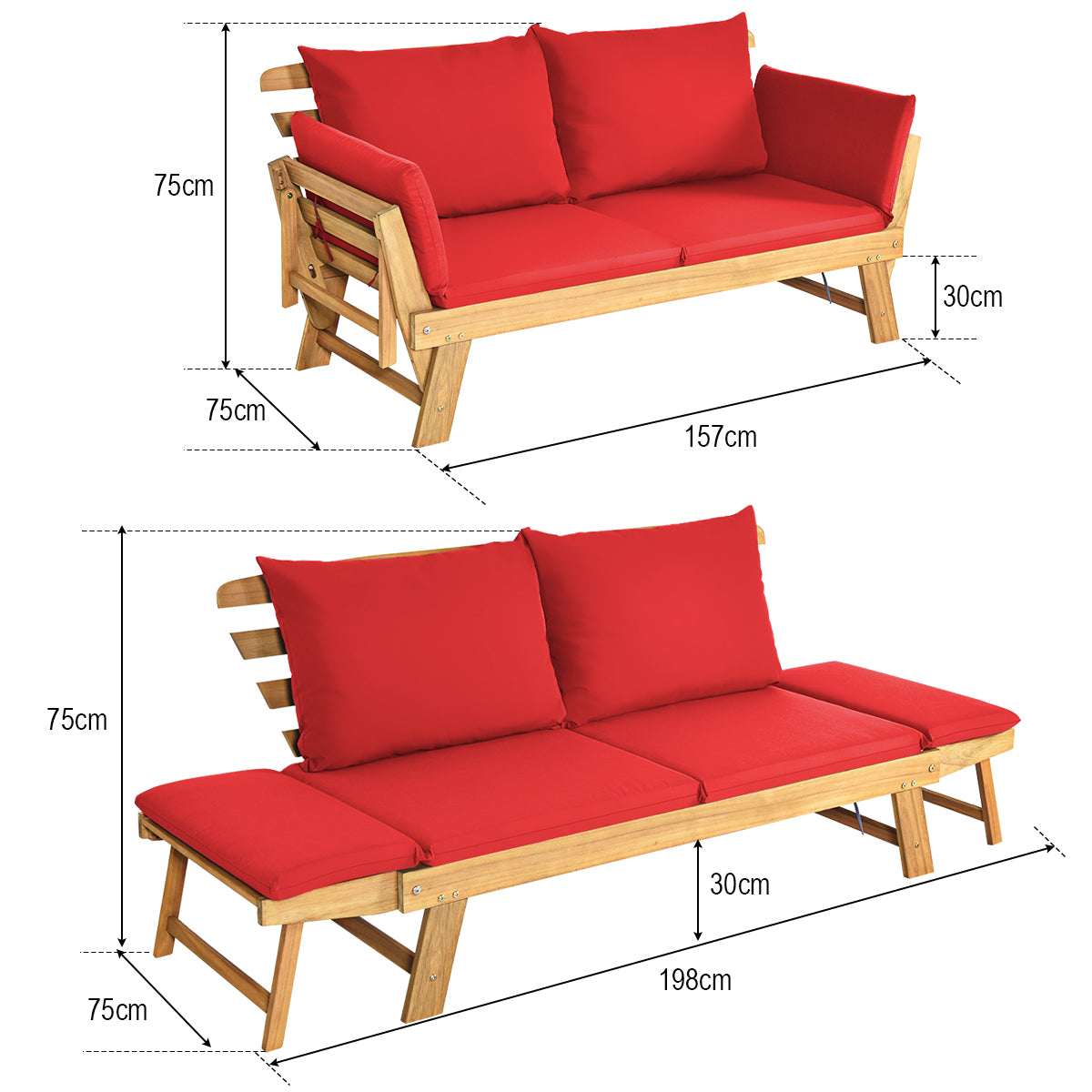 LIVSK Tuinligstoel - Verstelbare Armleuningen - Acaciahout met Zachte Kussens - Ideaal voor Buiten - 198 x 75 x 75 cm - Rood