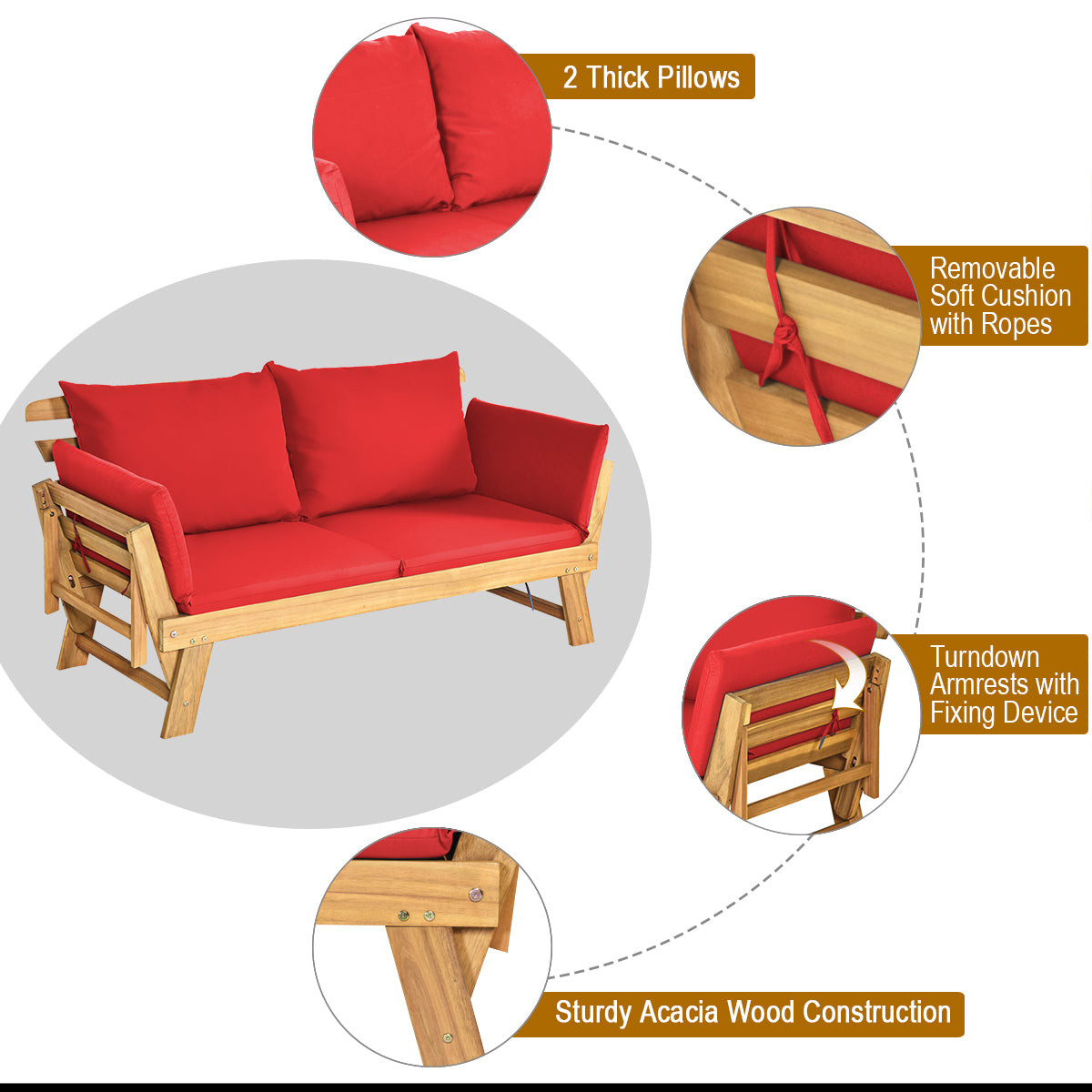 LIVSK Tuinligstoel - Verstelbare Armleuningen - Acaciahout met Zachte Kussens - Ideaal voor Buiten - 198 x 75 x 75 cm - Rood