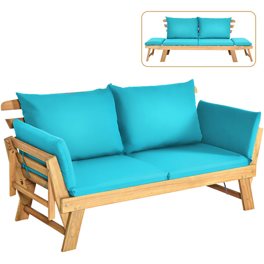 LIVSK Houten Tuinligstoel - Verstelbare Armleuningen - Dikke Sponskussens - Duurzaam Acaciahout - 198 x 75 x 75 cm - Turquoise