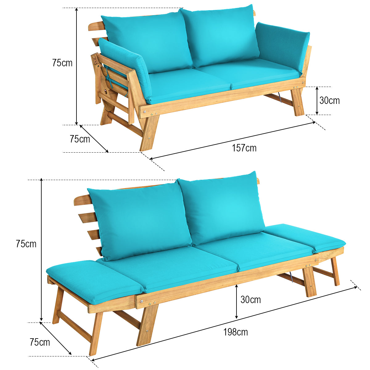LIVSK Houten Tuinligstoel - Verstelbare Armleuningen - Dikke Sponskussens - Duurzaam Acaciahout - 198 x 75 x 75 cm - Turquoise
