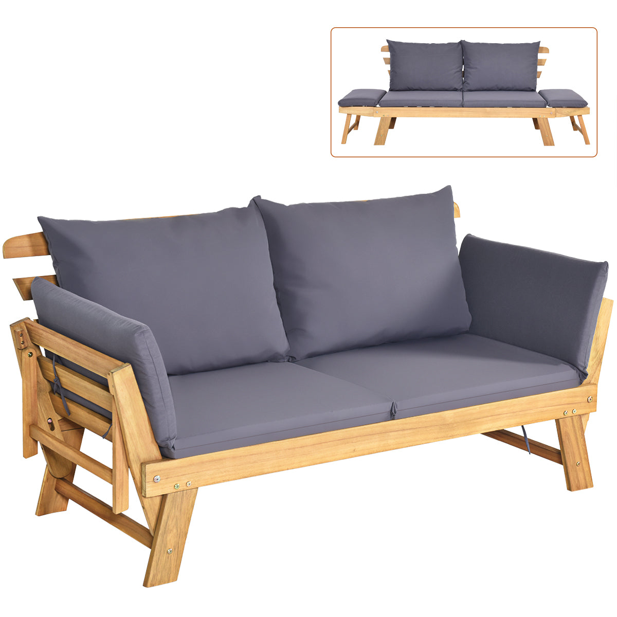 LIVSK Houten Terrasligstoel - Verstelbare Armleuningen - Ergonomische Rugleuning - Stevig Acaciahout - 320 kg Laadvermogen - Grijs