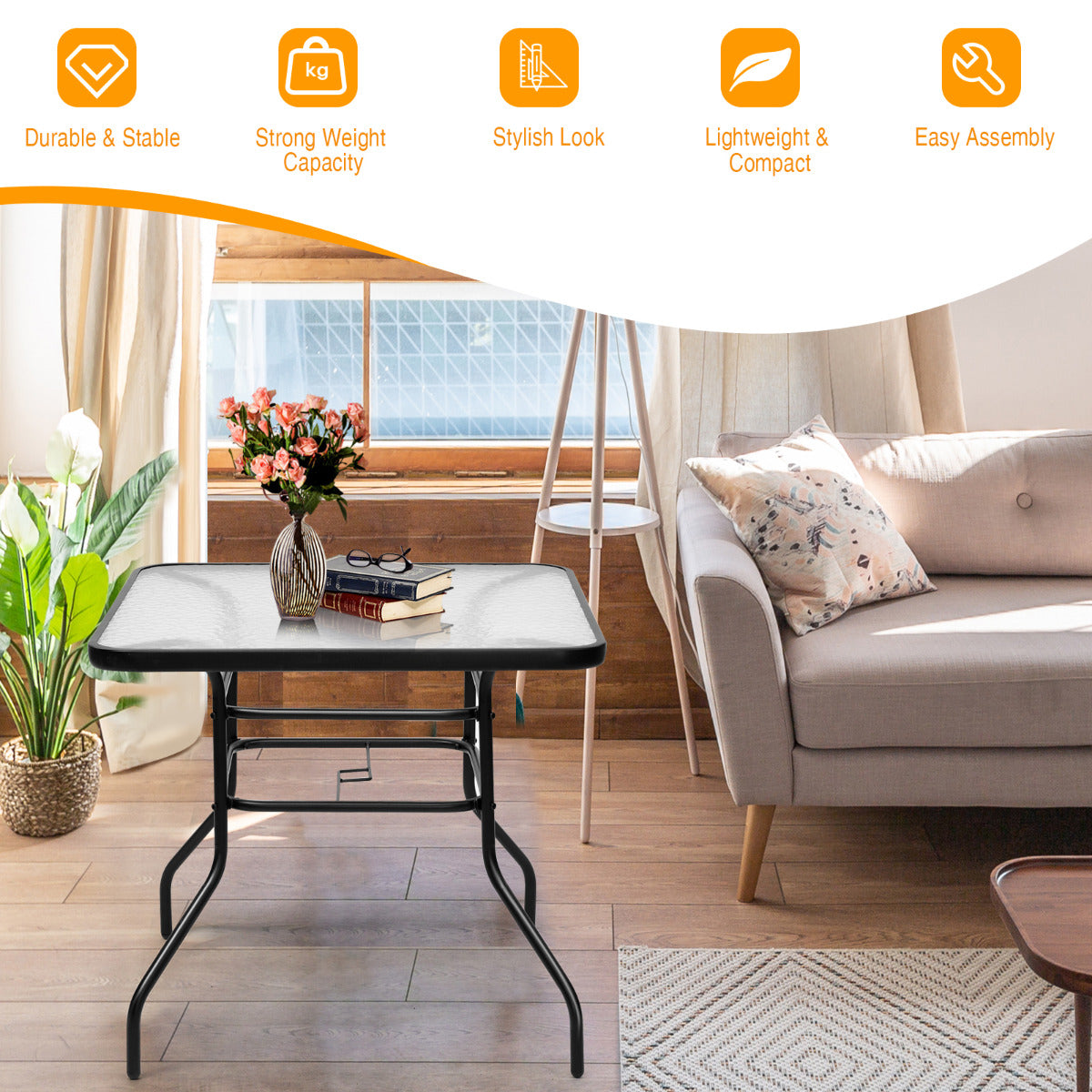 LIVSK Salontafel - Gepoeerdercoat Stalen Frame - Gehard Glas Tafelblad met Parasolgat - Draagvermogen tot 80 kg - Zwart