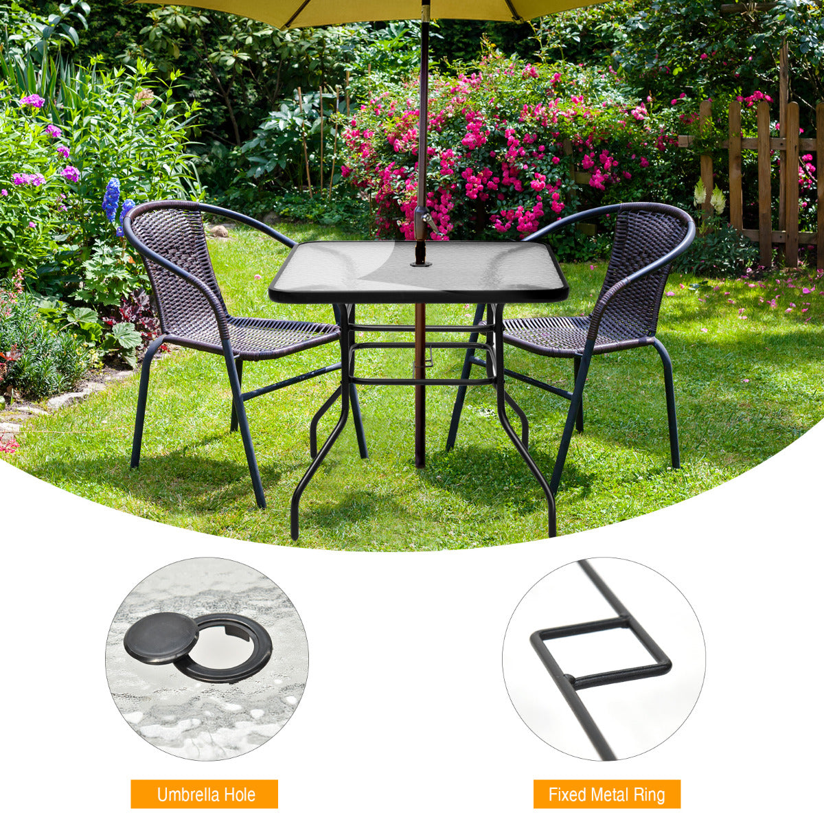 LIVSK Salontafel - Gepoeerdercoat Stalen Frame - Gehard Glas Tafelblad met Parasolgat - Draagvermogen tot 80 kg - Zwart