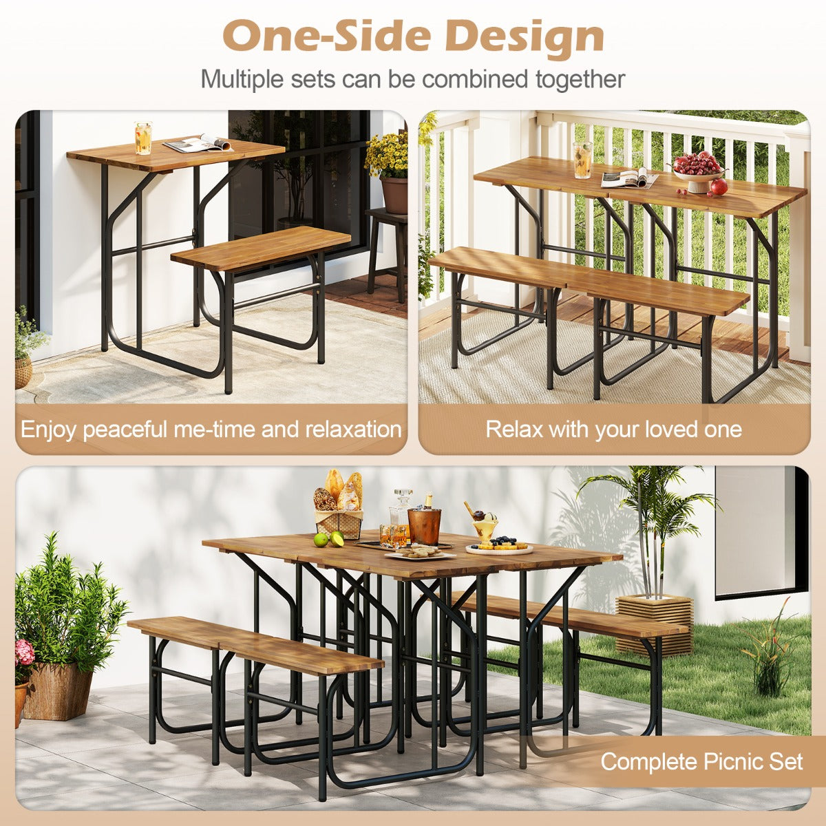 Livsk costway patio tafel en bank set picknicktafel met zitplaats aan een kant blad van acaciahout en metalen poten 3