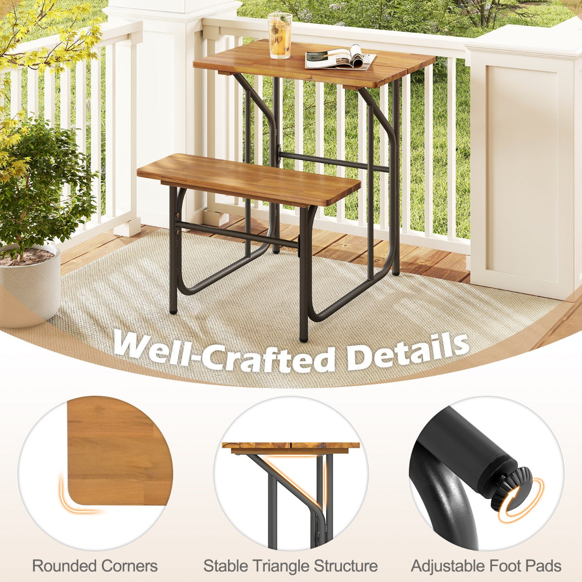 Livsk costway patio tafel en bank set picknicktafel met zitplaats aan een kant blad van acaciahout en metalen poten 5