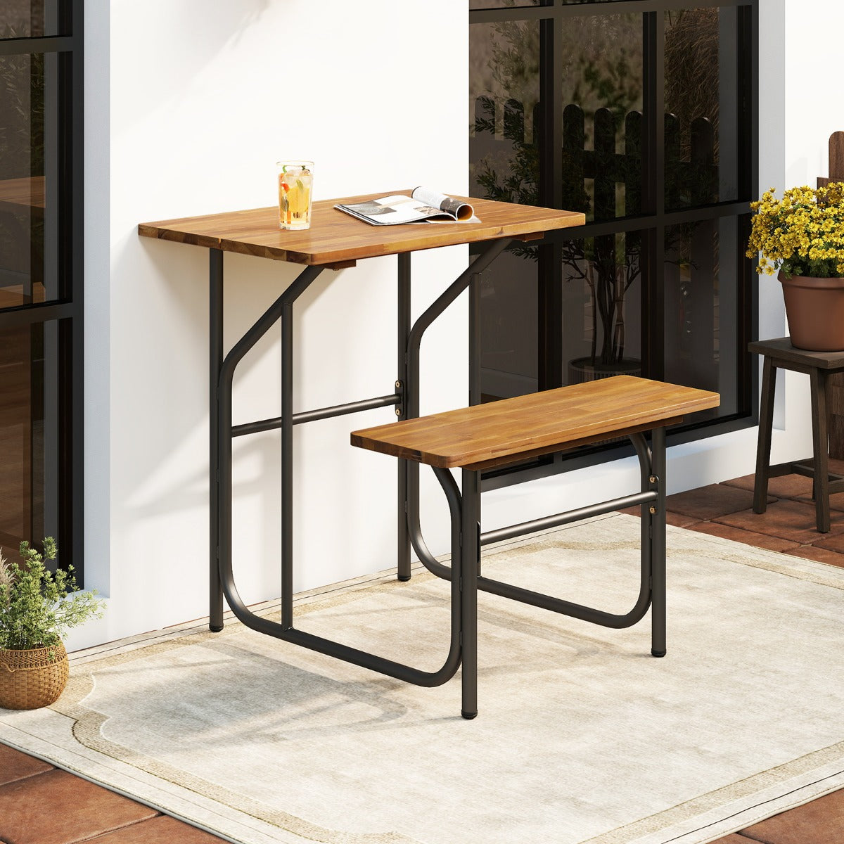 Livsk costway patio tafel en bank set picknicktafel met zitplaats aan een kant blad van acaciahout en metalen poten 6