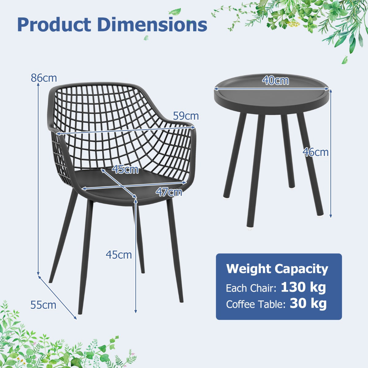 LIVSK Bistroset - 2 Stoelen en Koffietafel - Ergonomisch en Verstelbare Voetsteunen - Duurzaam PP en Metaal - Zwart