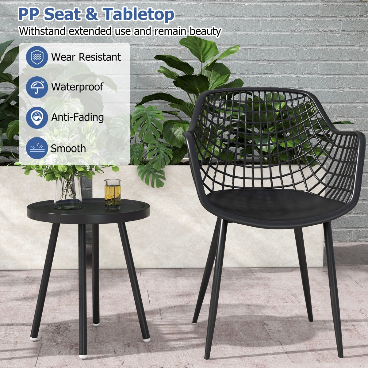 LIVSK Bistroset - 2 Stoelen en Koffietafel - Ergonomisch en Verstelbare Voetsteunen - Duurzaam PP en Metaal - Zwart