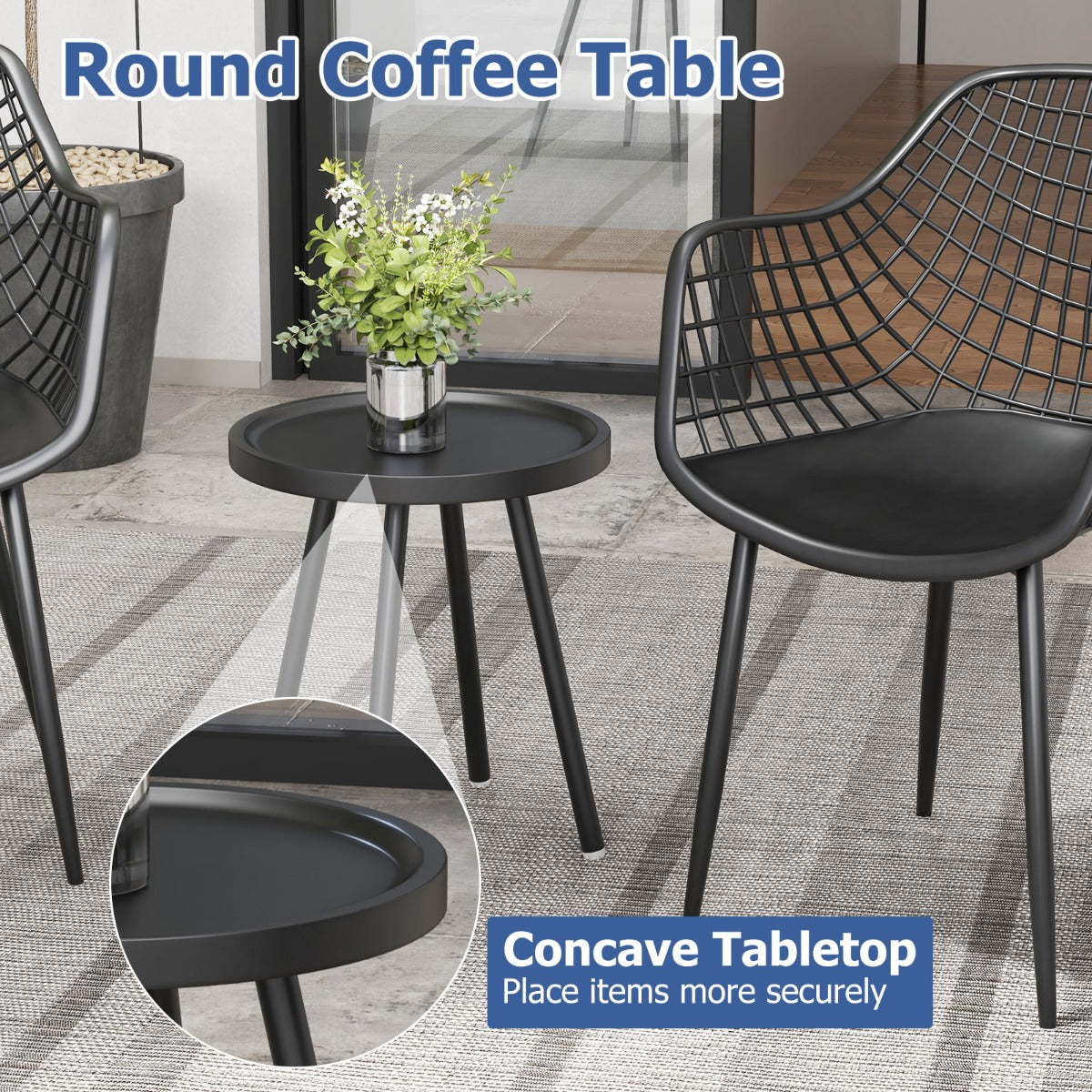 LIVSK Bistroset - 2 Stoelen en Koffietafel - Ergonomisch en Verstelbare Voetsteunen - Duurzaam PP en Metaal - Zwart