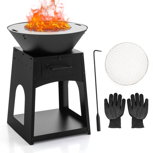 LIVSK Metalen Vuurplaats - 2-in-1 Grill en Verwarming - Duurzaam Gegalvaniseerd Metaal - Inclusief Grillrooster en Handschoenen -