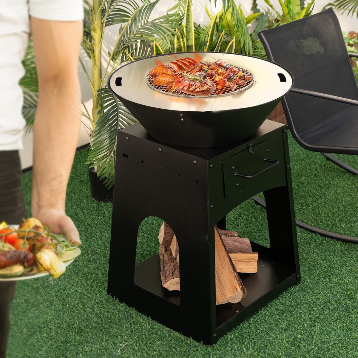 LIVSK Metalen Vuurplaats - 2-in-1 Grill en Verwarming - Duurzaam Gegalvaniseerd Metaal - Inclusief Grillrooster en Handschoenen -