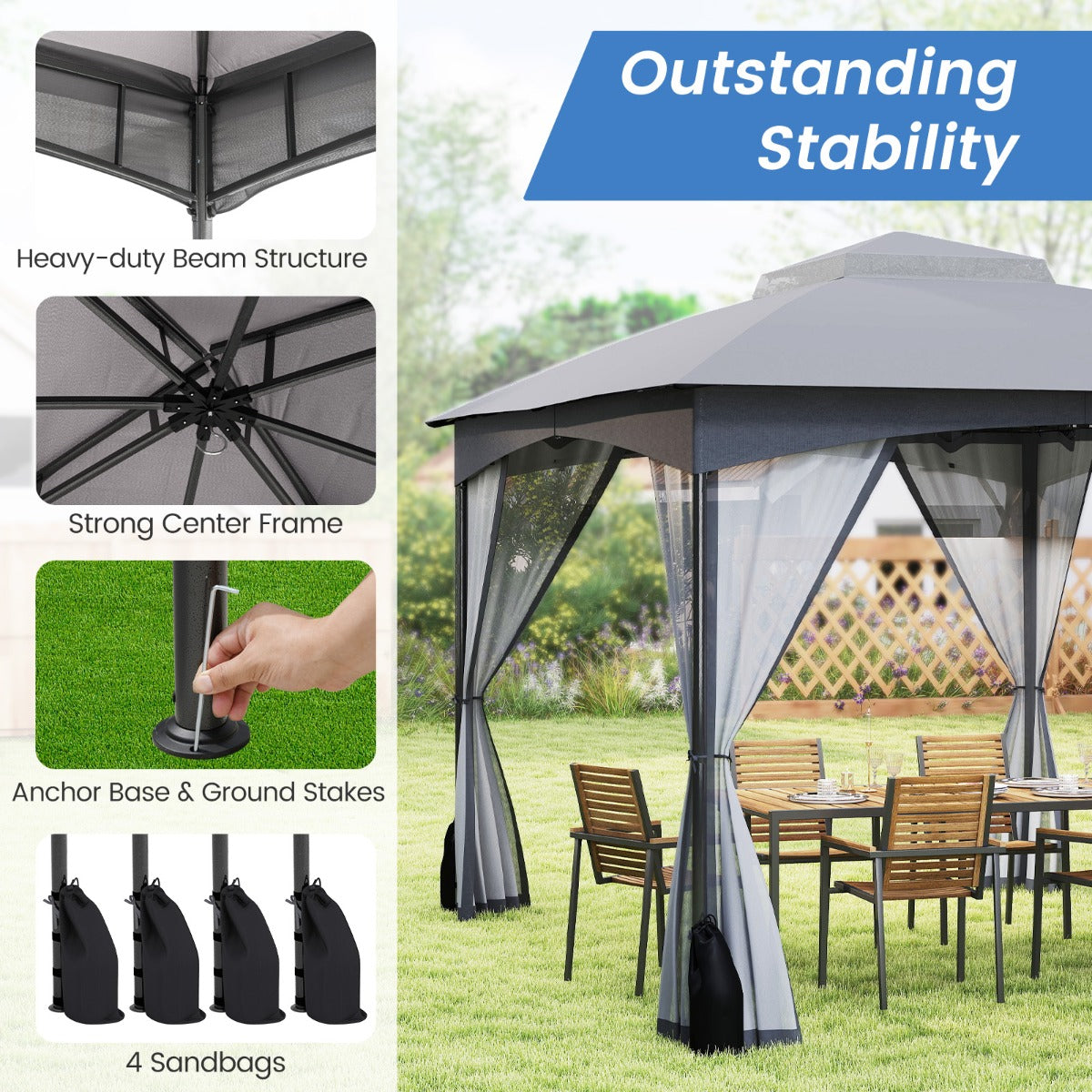 LIVSK Outdoor Paviljoen 3,6 x 3 x 2,9 m - Waterdicht - Geventileerd - Afneembare Zijwanden - Inclusief Zandzakken - Grijs