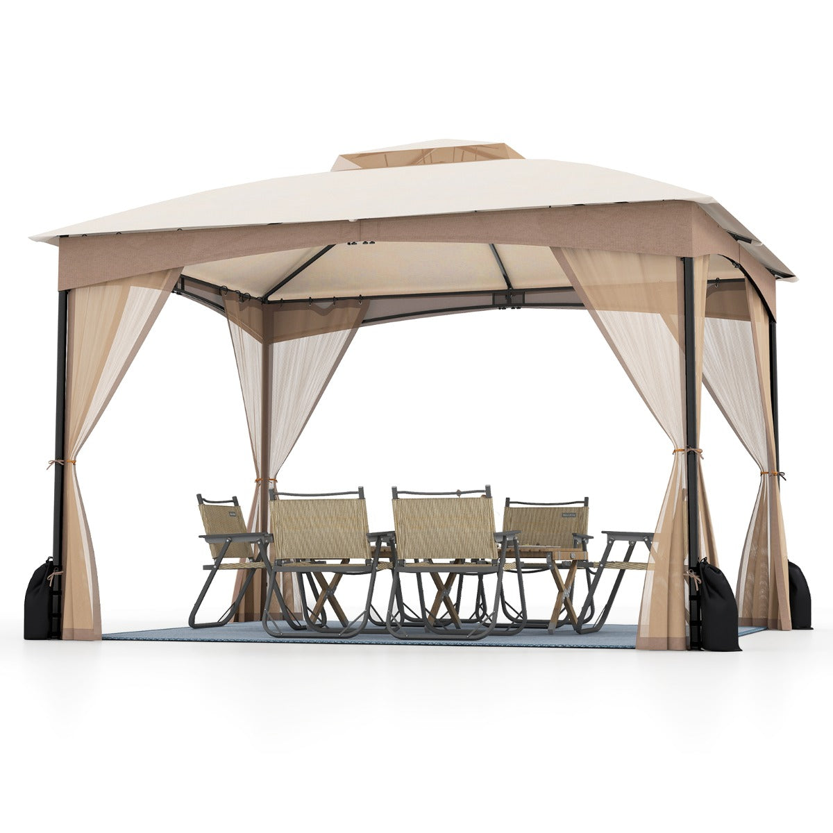 LIVSK Outdoorpaviljoen 3,6 x 3 x 2,9 m - Waterdicht - Dubbel dak met gaas - Inclusief zandzakken - Voor feesten en picknicks -