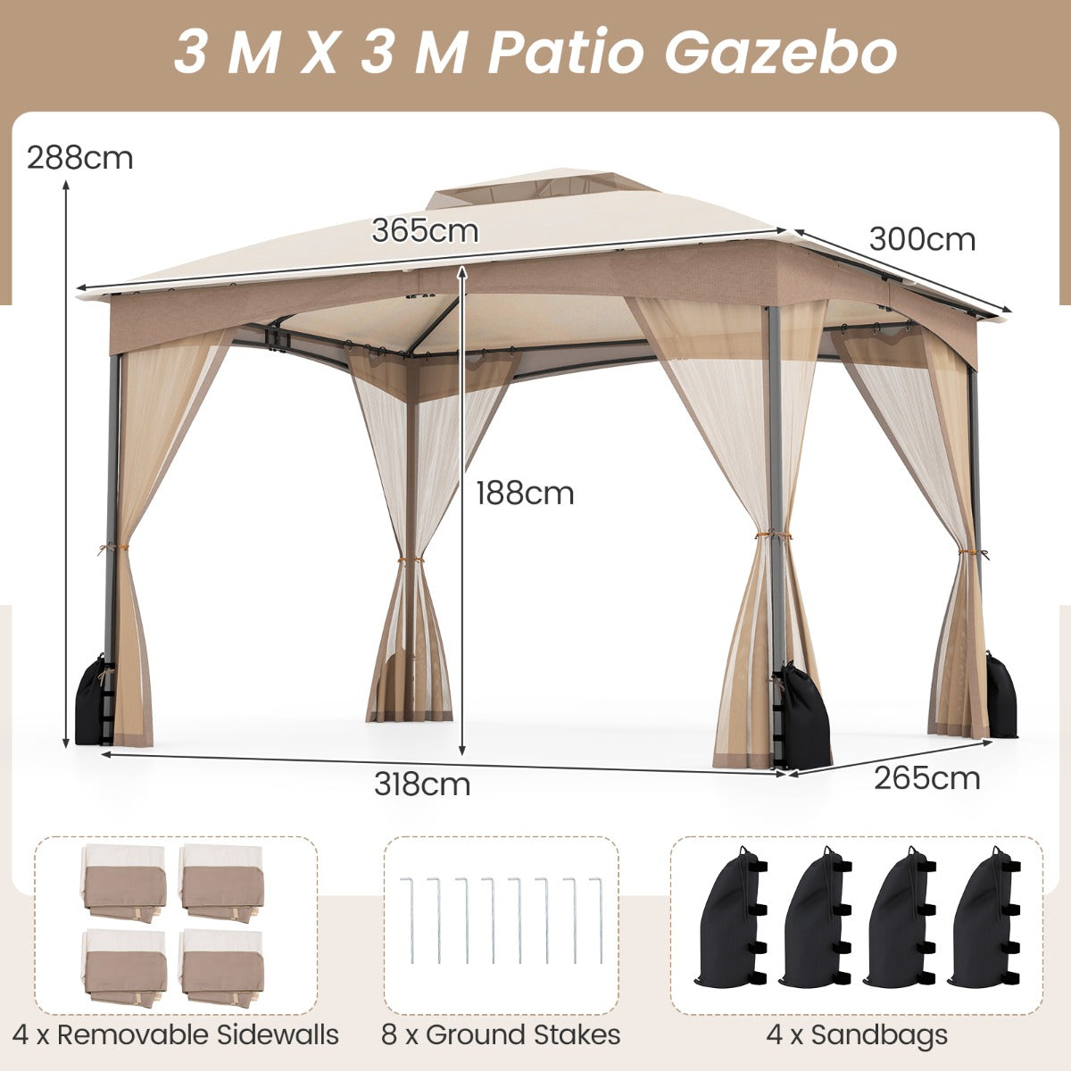 LIVSK Outdoorpaviljoen 3,6 x 3 x 2,9 m - Waterdicht - Dubbel dak met gaas - Inclusief zandzakken - Voor feesten en picknicks -