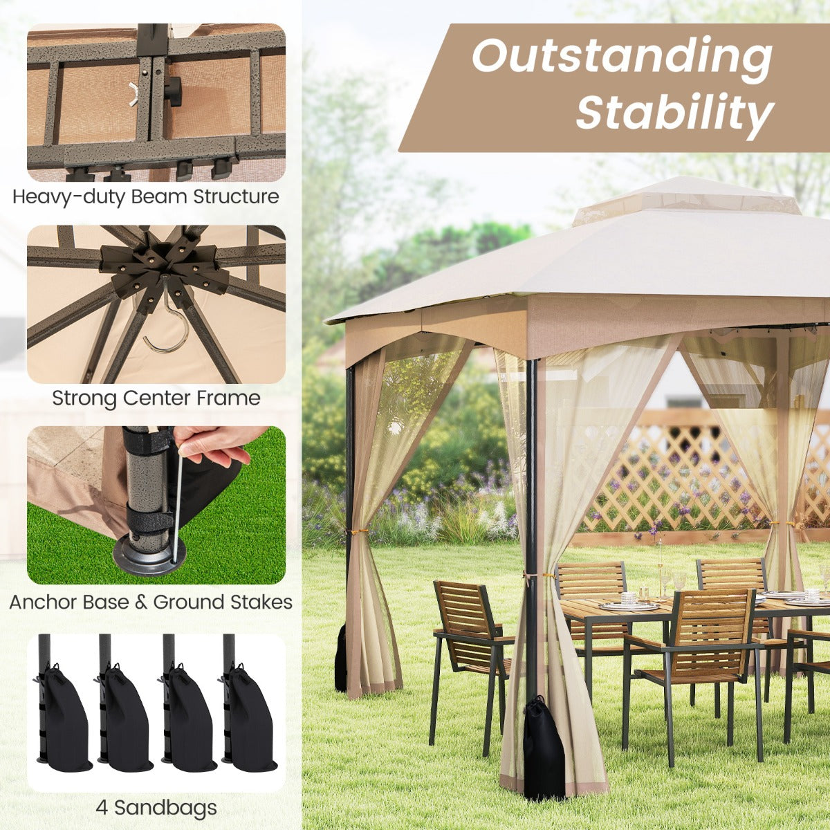 LIVSK Outdoorpaviljoen 3,6 x 3 x 2,9 m - Waterdicht - Dubbel dak met gaas - Inclusief zandzakken - Voor feesten en picknicks -