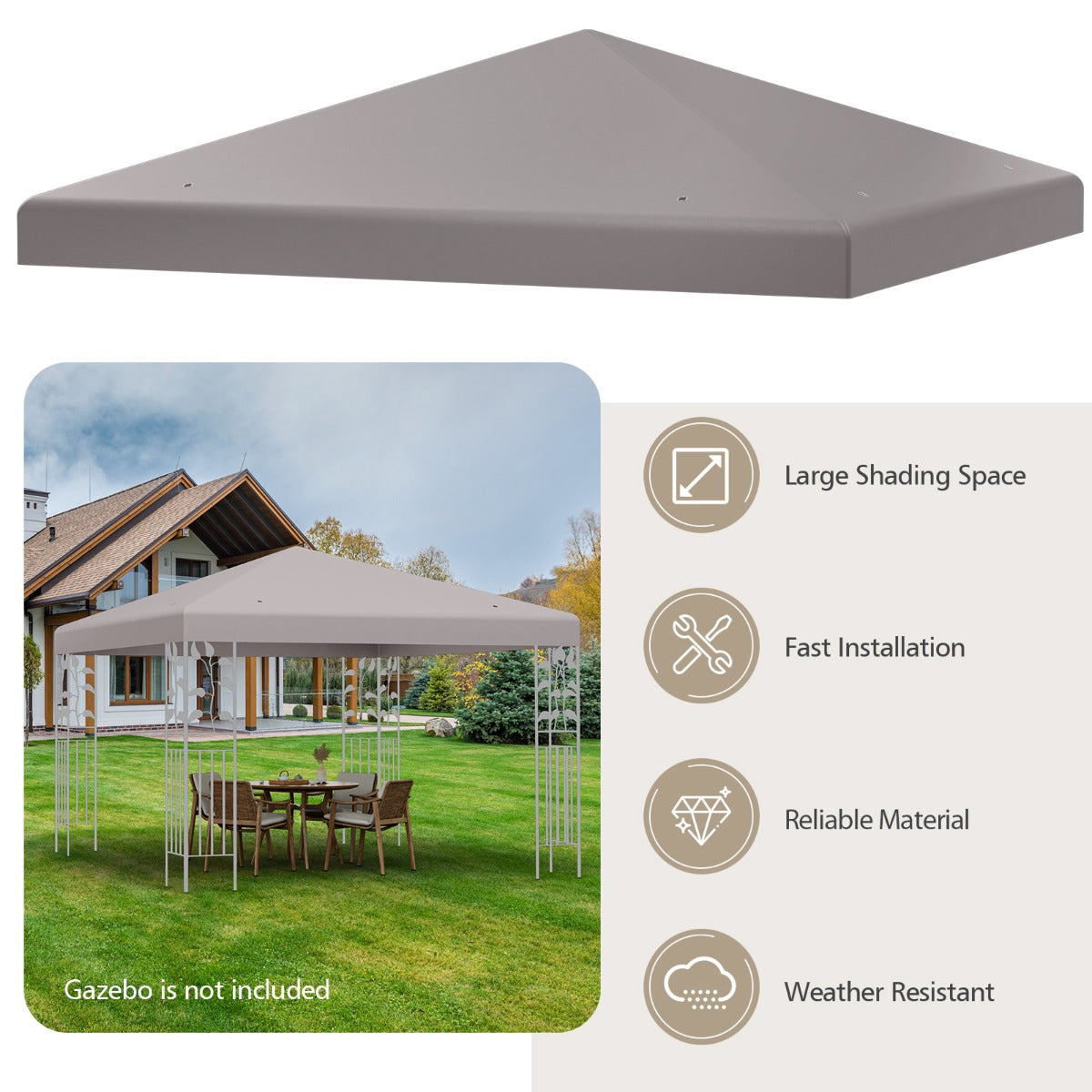 LIVSK Zonwering-overkapping Vervangend Dak - 300 x 300 cm - Duurzaam Polyester - Eenvoudige Montage - Grijs