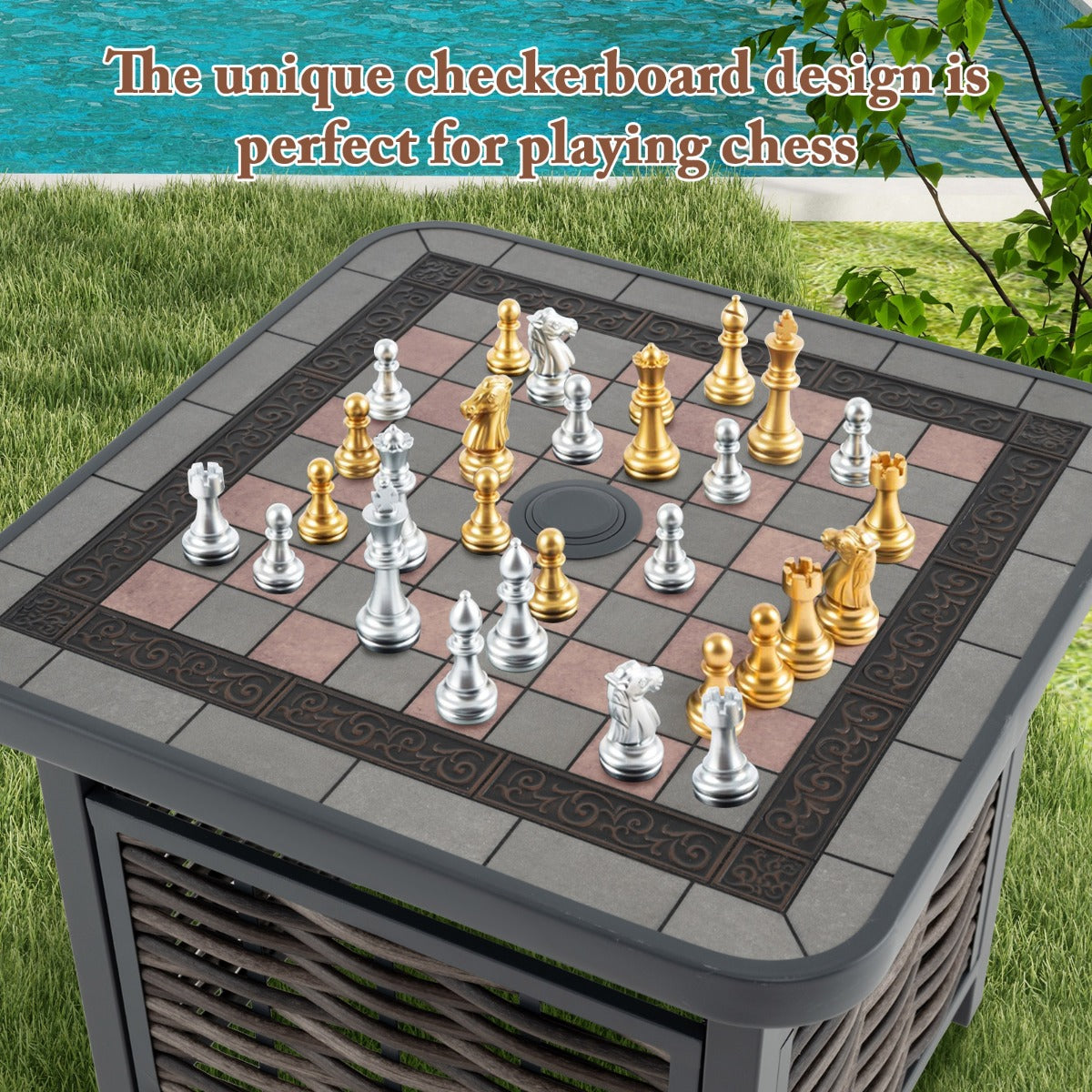 LIVSK Vierkante Bijzettafel voor Buiten - Weerbestendig Harsblad met Dambordpatroon - Parasolgat - Stevig Metaal - 55 x 55 x 50