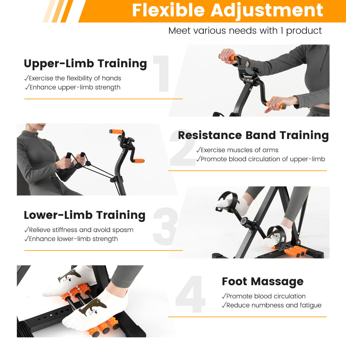 LIVSK Multifunctionele Hometrainer - Verstelbare Hoogte en Lengte - LCD-monitor - Tot 120 kg - Stabiel Metalen - Zwart + Oranje