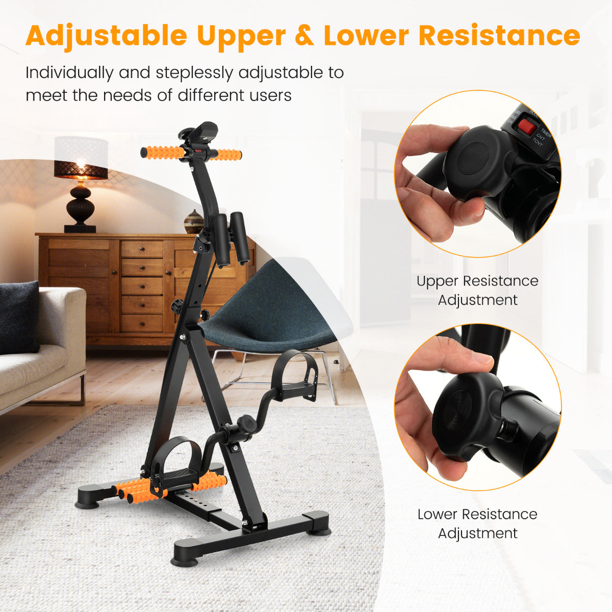 LIVSK Multifunctionele Hometrainer - Verstelbare Hoogte en Lengte - LCD-monitor - Tot 120 kg - Stabiel Metalen - Zwart + Oranje