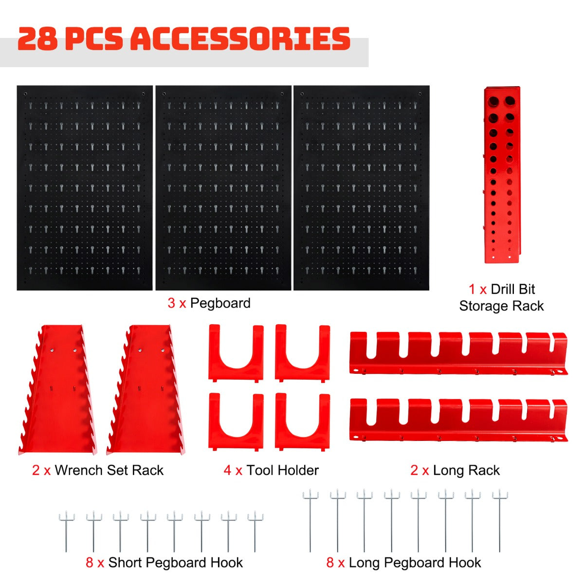 LIVSK Pegboard Organizer - Duurzaam Staal - 3 Pegboards & 25 Accessoires - Eenvoudige Installatie - Ruimtebesparend - Zwart+Rood