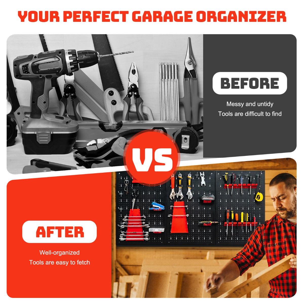 LIVSK Pegboard Organizer - Duurzaam Staal - 3 Pegboards & 25 Accessoires - Eenvoudige Installatie - Ruimtebesparend - Zwart+Rood